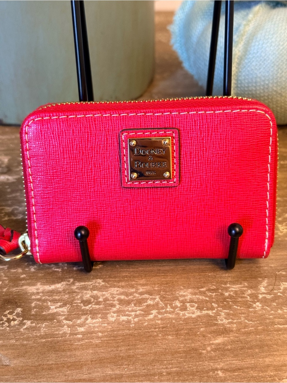 Dooney & Bourke Red Saffiano Zip Wallet with Gold Plaque